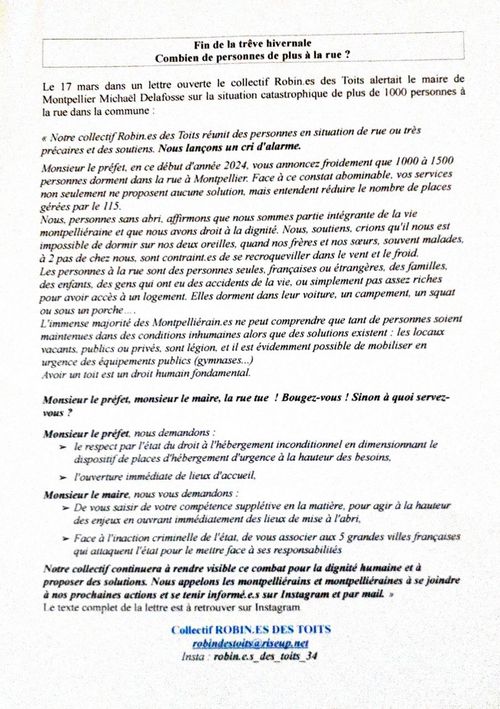 Fin de la trève hivernale. Mobilisation pour la mise à l'abri immédiate de 1500 personnes à la rue à Montpellier