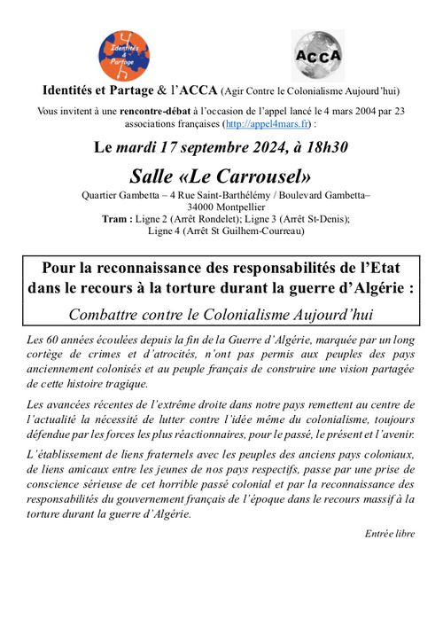 Rencontre-débat "Pour la reconnaissance des responsabilités de l'État dans le recours à la torture durant la guerre d'Algér 