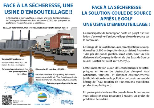 contre l'usine d'embouteillage à Montagnac : les nouveaux RDV de l'association Veille Eau Grain