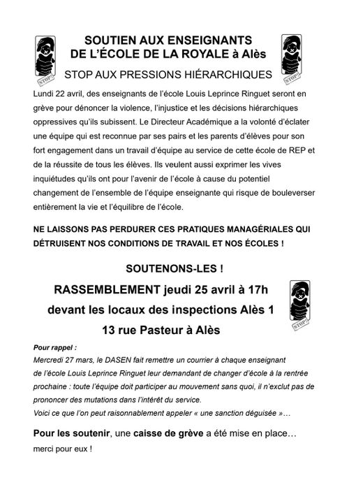 Rassemblement en soutien aux enseignants de l'école de la Royale à Alès